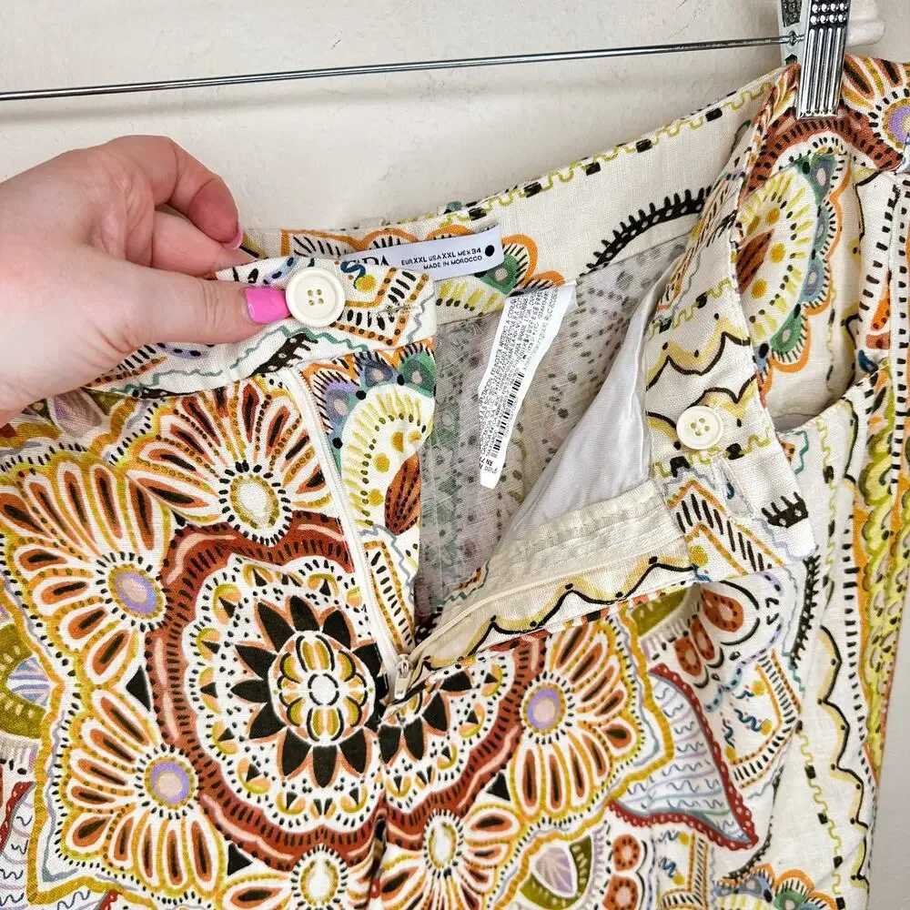 Zara Linen Blend Paisley Mandala Floral Print Wide Leg Ankle Flare Pants XXL - Picture 7 of 16